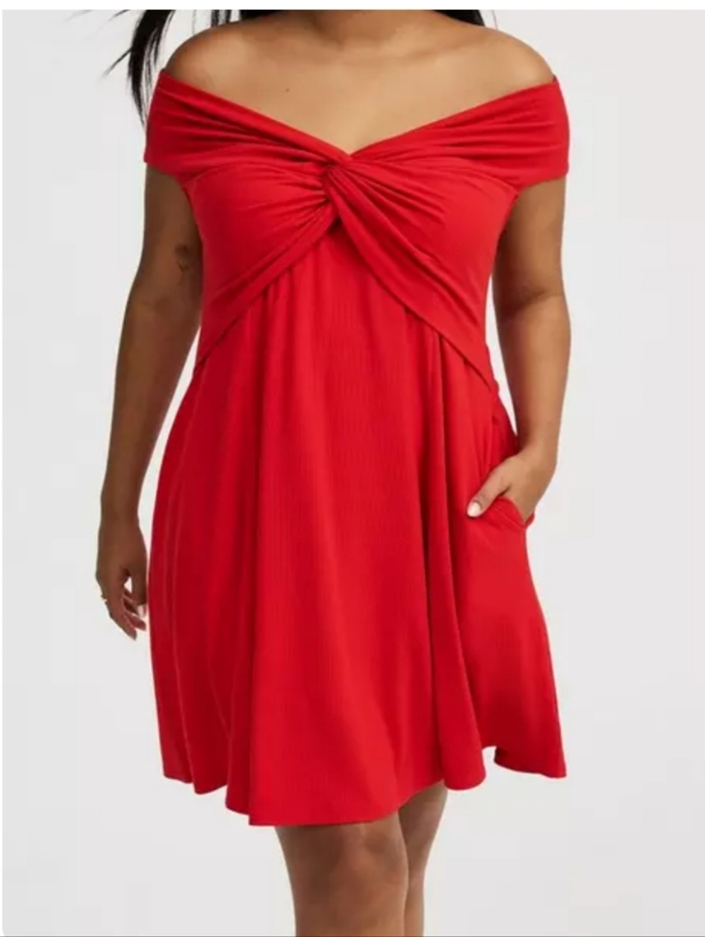 Torrid Off-Shoulder Twist Front Ribbed Red Dress Sz , R - Picture 2 of 8